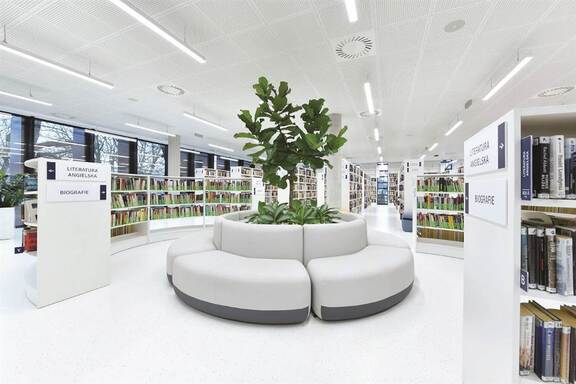 Wnętrze nowocześnie urządzonej biblioteki. Na środku widać dużą roślinę z sofami wokół, a za nią w głębi rzędy półek z książkami