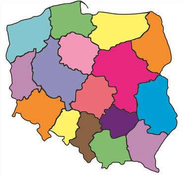 mapa Polski z zaznaczonymi granicami wjewództw
