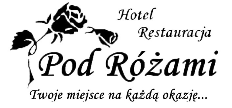 logo hotelu i restauracji „Pod Różami” z hasłem: Twoje miejsce na każdą okazję
