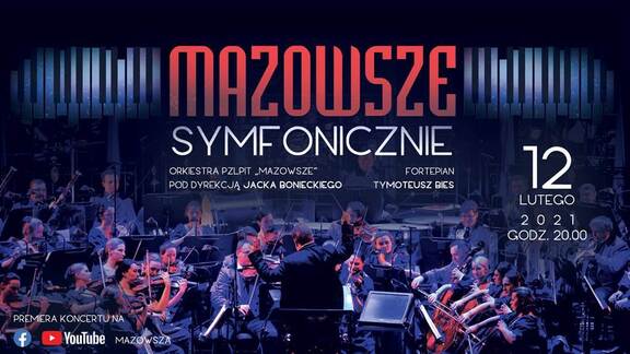 Plakat zawierający zdjęcie muzyków orkiestry grających na instrumentach muzycznych i dyrygenta odwróconego plecami do widowni, z uniesioną w ręku batutą.