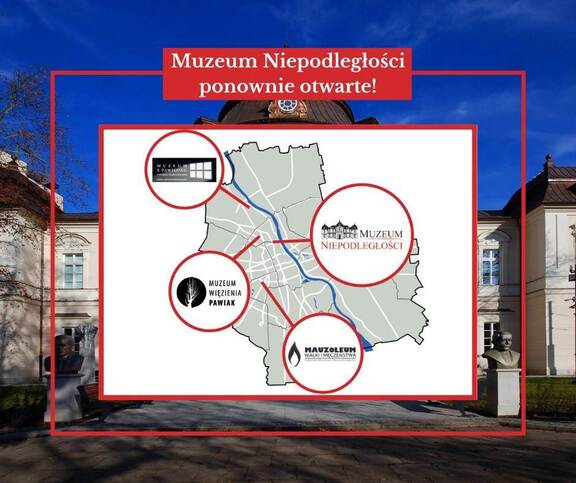 Plakat zawierający mapę Warszawy z zaznaczonymi w koła pięcioma siedzibami Muzeum Niepodległości. Mapa nałożona na zdjęcie pałacu.