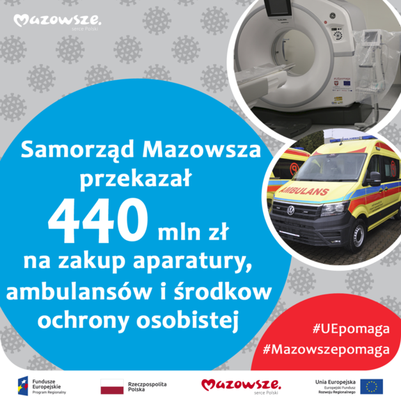 Infografika. Tekst: Samorząd przekazał 440 mln zł na zakup ambulansów i śrdoków ochrony osobistej