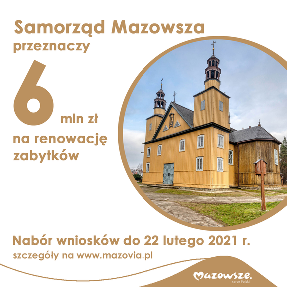 infografika, zdjęcie kopuły kościoła, obok napis samorząd Mazowsza przeznaczy 6 mln zł na renowacje zabytków
