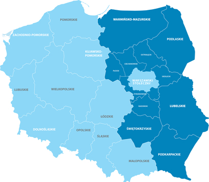 Mapa Polski z zaznaczonym obszarem obowiązywania Programu Polska Wschodnia+