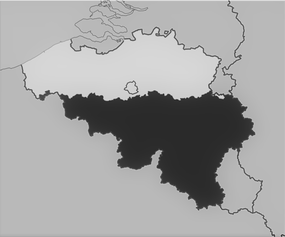 Kontury mapy Belgii, na której czarnym kolorem zaznaczona jest Walonia - południowa część Belgii