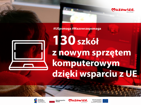 Grafika z wizerunkiem schematycznego rysunku otwartego laptopa i informacją o treści: 130 szkół z nowym sprzętem komputerowym dzięki wsparciu UE