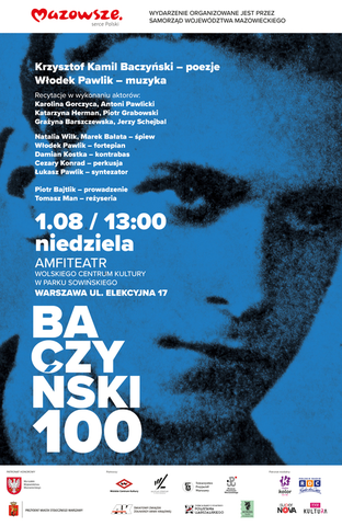 Plakat promujący koncert. Przedstawia portret poety Krzysztofa Kamila Baczyńskiego na niebieskim tle. Po lewej stronie widać białe napisy