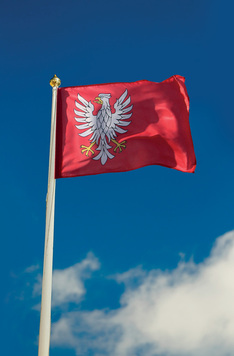 na tle nieba powiewa flaga województwa, która przedstawia orła