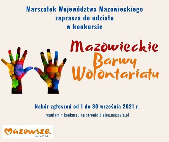 Infografika przypominająca o rozpoczęciu naboru do konkursu "Mazowieckie Barwy Wolontariatu"