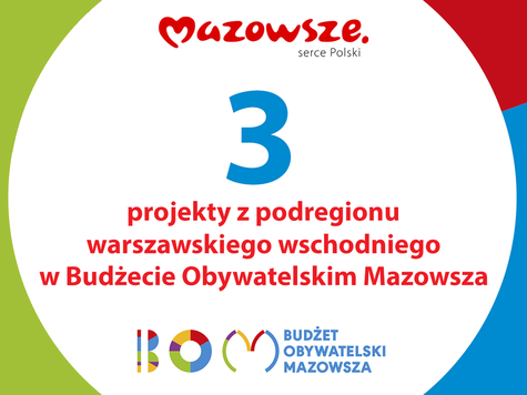 infografika - 3 projektów z podregionu warszawskiego wschodniego w Budżecie Obywatelskim Mazowsza