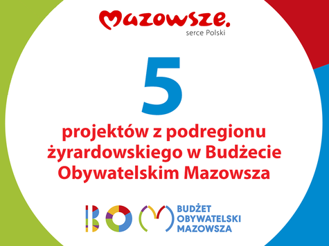 infografika - 5 projektów z podregionu żyrardowskiego w Budżecie Obywatelskim Mazowsza