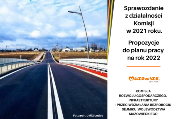 Grafika przedstawiająca z lewej strony zdjęcie drogi asfaltowej, a z prawej - informację o powstaniu sprawozdania z prac komisji rozwoju gospodarczego