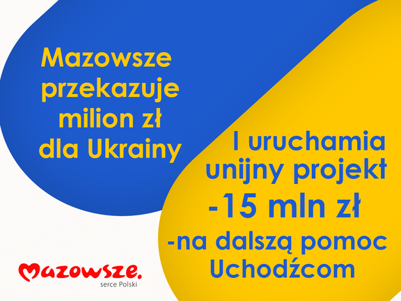 Grafika z tekstem o przekazaniu na rzecz Ukrainy 1 mln zł i nowym projekcie za 15 mln zł