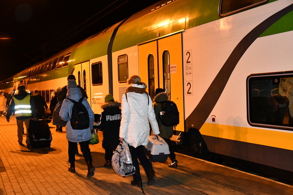 Ludzie z bagażami zmierzający do pociągu