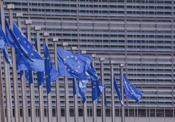 11 flag unii europejskiej powiewa na tle wieżowca