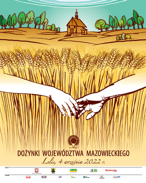 Plakat przedstawiający zboże i kościół, zapraszający na dożynki województwa mazowieckiego