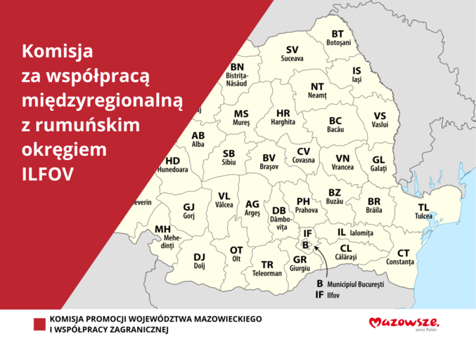 Grafika informacyjna na temat nawiązania współpracy z okręgiem Ilfov (Rumunia).