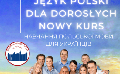 Plakat promujący wydarzenie. Na górze jest informacja po polsku i ukraińsku o kursach, na dole - zdjęcie grupy ludzi stojących przodem