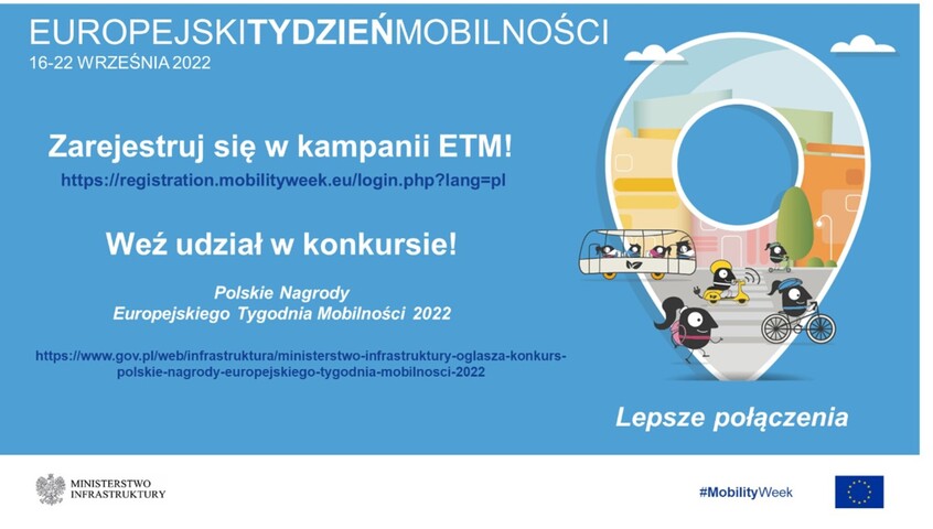 Plakat promujący europejski tydzień mobilności. Są na nim najważniejsze informacje o inicjatywie