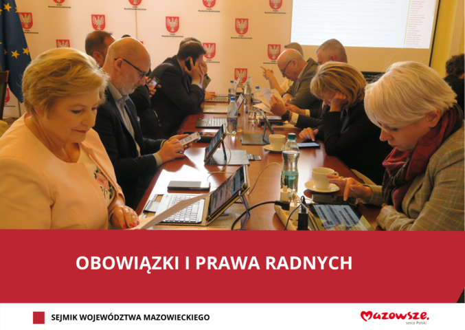 Grafika przedstawiająca grupę osób przy stole podczas prac Sejmiku Województwa Mazowieckiego.