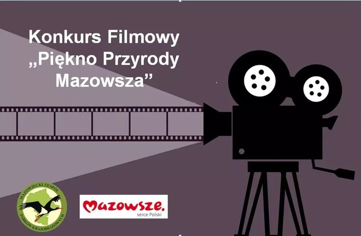 Grafika z nazwą konkursu, logami Mazowsza i parku krajobrazowego oraz schematycznie przedstawioną kamerą