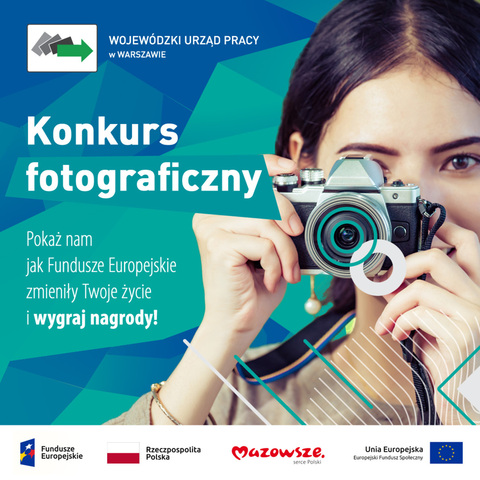 Plakat promujący wydarzenie. Przedstawia najważniejsze informacje o konkursie oraz zdjęcie dziewczyny z aparatem
