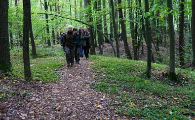 Grupa ludzi idzie ścieżką przez las