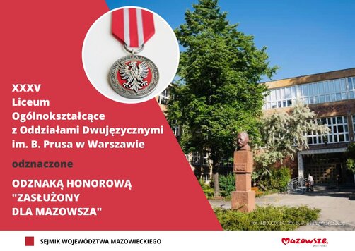 Grafika ze zdjęciem budynku szkoły i informacją o odznaczeniu medalem Zasłużony dla Mazowsza