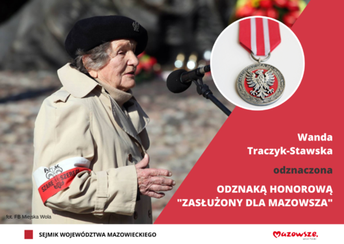 Grafika ze zdjęciem Wandy Traczyk-Stawskiej i informacją o odznaczeniu medalem Zasłużony dla Mazowsza