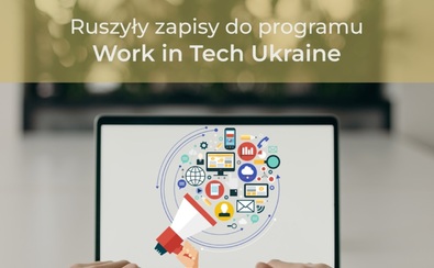 Grafika, na której widać otwarty laptop, na klawiaturze widać dwie dłonie. Wyżej jest napis: ruszyły zapisy do Work in Tech Ukraine