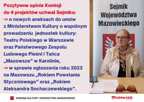 Grafika z informacją o najwazniejszych postanowieniach komisji oraz zdjęciem przewodniczącej Zakrzewskiej