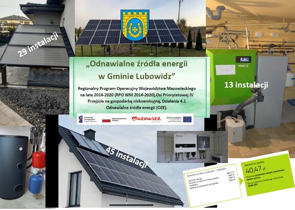 kolaż zdjęć pokazujący instalacje fotowoltaiczne i kolektory słoneczne w gminie Lubowidz