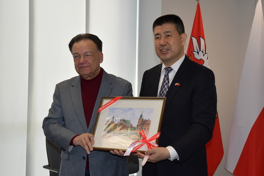 Marszałek Struzik przekazuje ambasadorowi pamiątkowy obraz z pałacem królewskim w Warszawie