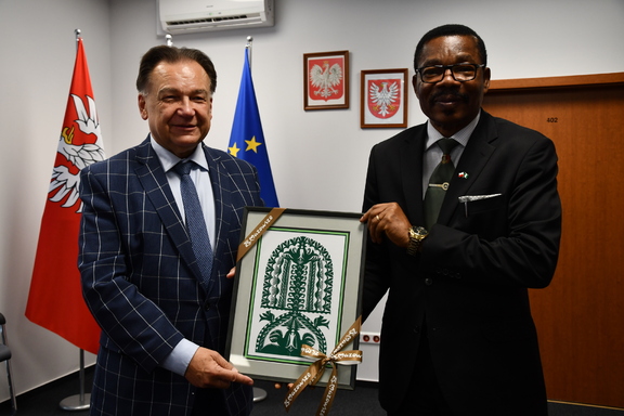 Marszałek Struzik wręcza ambasadorowi Nigerii obraz z wycinanką kurpiowską