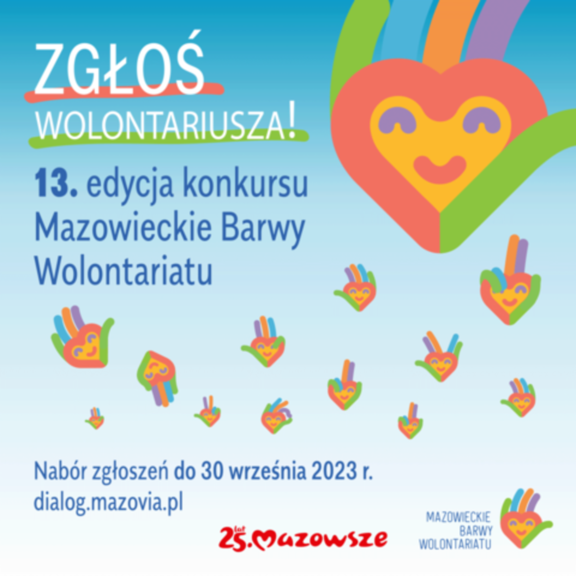 Grafika z hasłem zgłoś wolontariusza, 13. edycja konkursu Mazowieckie Barwy Wolontariatu