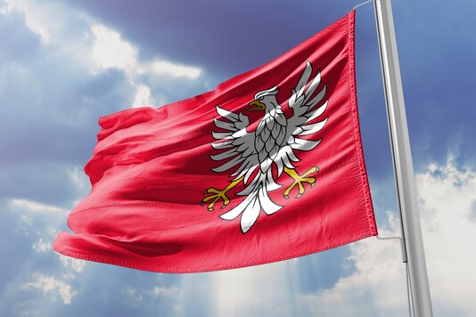 Czerwona flaga z orłem bez korony na tle nieba i białych ołoków